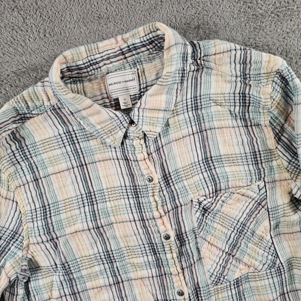 Melrose and Market Womens Medium Pastel Plaid Cotton Gauze Button Down Shirt